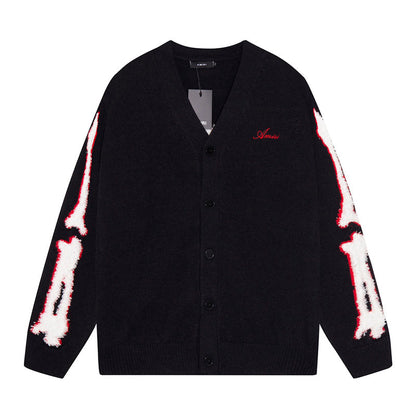 AMRI Cotton V-Neck Bones Cardigan Sweater Black